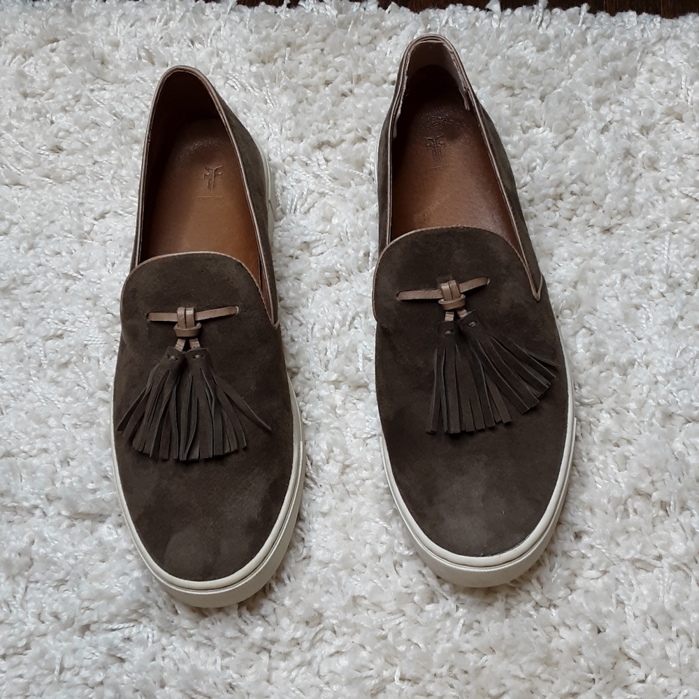 Frye Gemma suede tassle slip on loafers si…